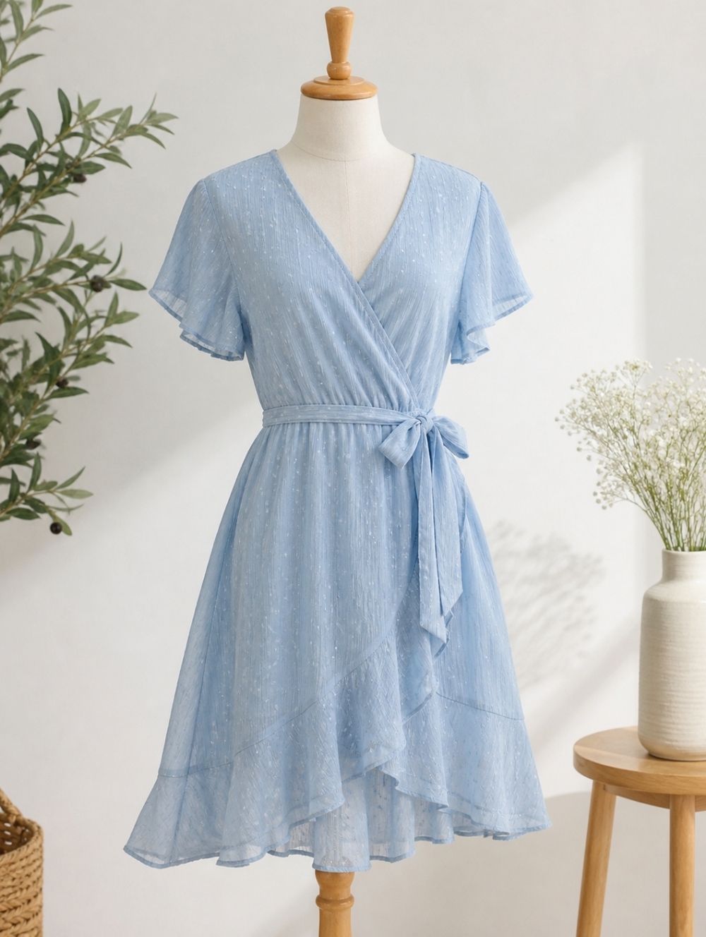 Uguest Flowy Light Blue Mock Wrap Dress